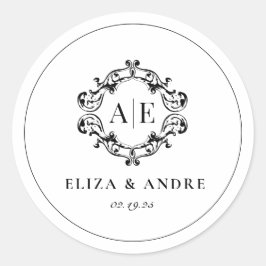 Pegatina Redonda Boda Monograma de Escudo blanco y negro antiguo