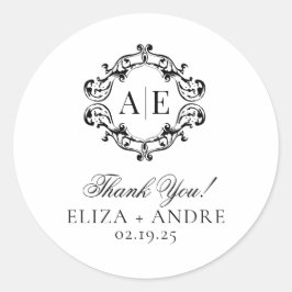 Pegatina Redonda Boda Monograma de Escudo blanco y negro antiguo