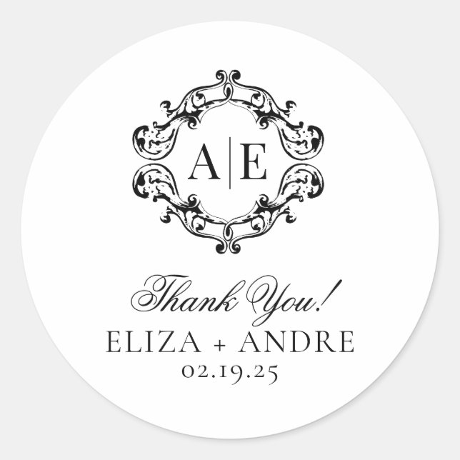 Pegatina Redonda Boda Monograma de Escudo blanco y negro antiguo (Anverso)