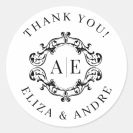 Pegatina Redonda Boda Monograma de Escudo blanco y negro antiguo