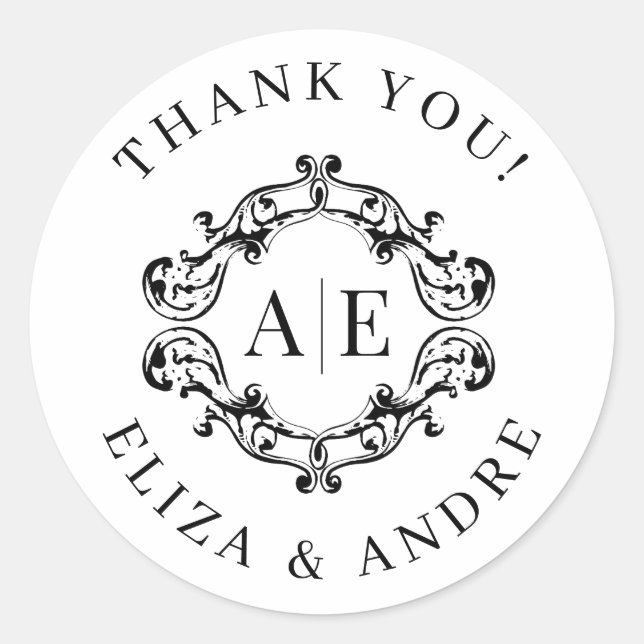 Pegatina Redonda Boda Monograma de Escudo blanco y negro antiguo (Anverso)