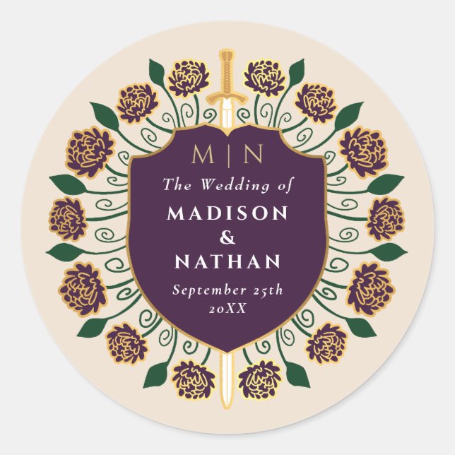 Pegatina Redonda Boda Monograma de Escudo de Espada para Huevos (Anverso)