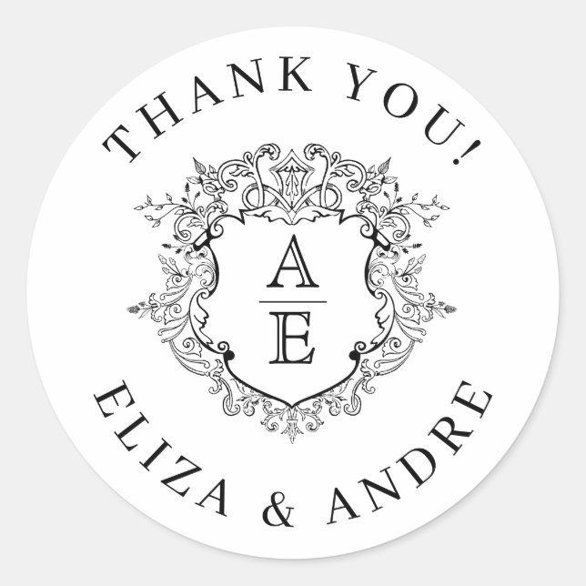 Pegatina Redonda Boda Monograma de Escudo floral formal (Anverso)