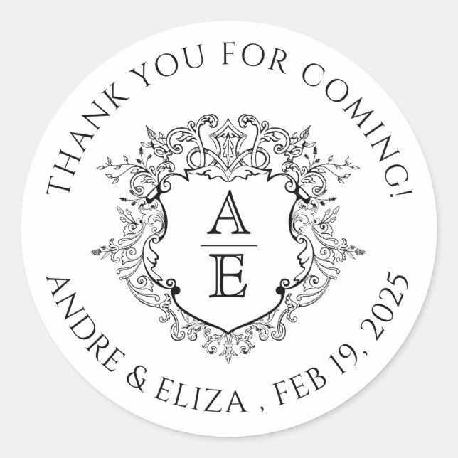 Pegatina Redonda Boda Monograma de Escudo floral formal (Anverso)
