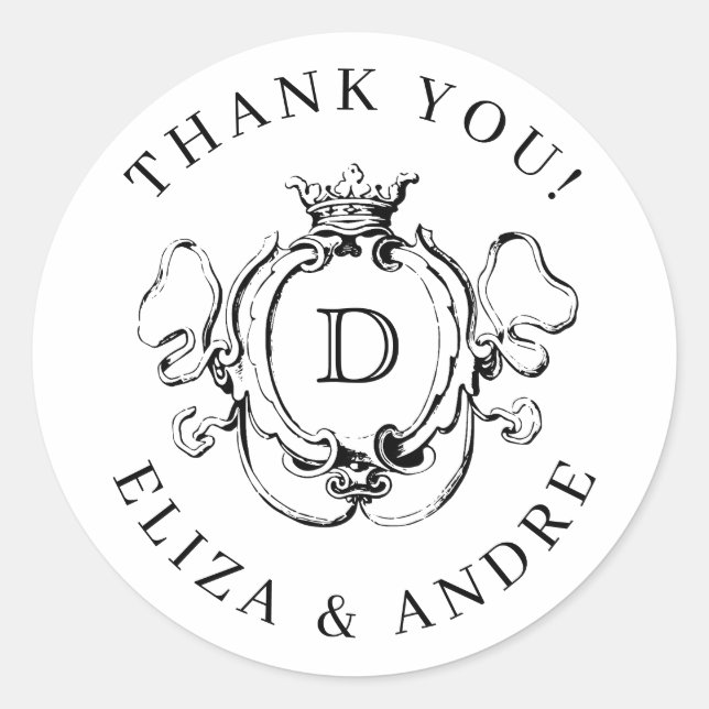 Pegatina Redonda Boda Monograma de Escudo floral formal (Anverso)