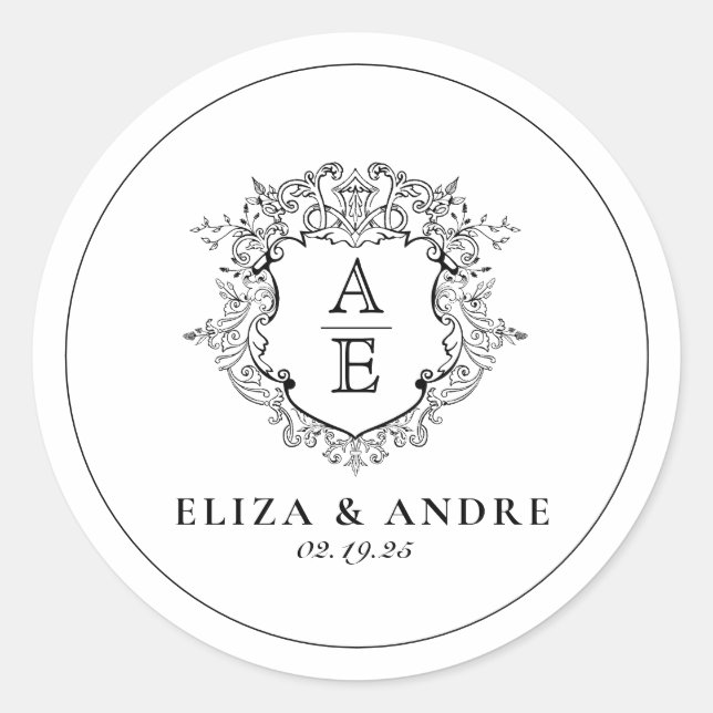 Pegatina Redonda Boda Monograma de Escudo floral formal (Anverso)