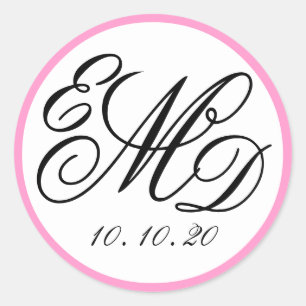 Pegatina Redonda Boda Monograma de Iniciales Girly Pink y Black Thr