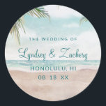 Pegatina Redonda Boda Monograma de la Brisa Insular Pintado<br><div class="desc">La brisa de la isla pintó la escena de la playa, con olas oceánicas, arena y palmeras, con un hermoso cielo azul verde azulado. Con Fuentes Modernas De Escritura De Tipografía. Playa Tropical De Verano O Diseño De Bodas De Destino - Pegatinas Personalizadas De Monograma Boda! ~ Revisa mi tienda...</div>