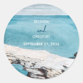 Pegatina Redonda Boda Monograma de las olas oceánicas de la playa d