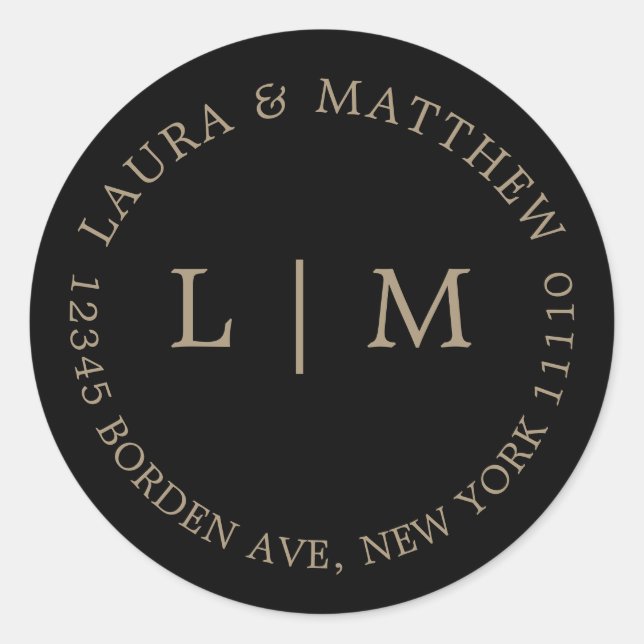 Pegatina Redonda Boda Monograma de oro negro (Anverso)