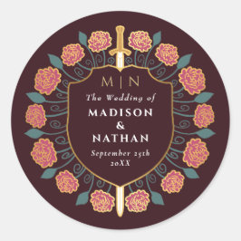 Pegatina Redonda Boda Monograma de Sword & Shield Fantasy Medieval