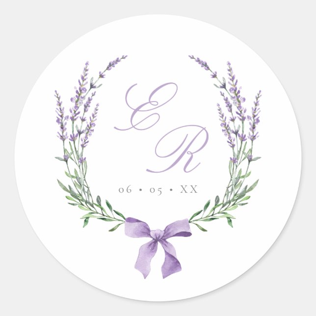 Pegatina Redonda Boda Monograma de Wreath y Bow Lavender (Anverso)