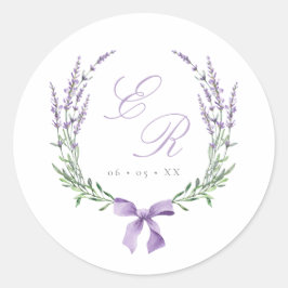 Pegatina Redonda Boda Monograma de Wreath y Bow Lavender