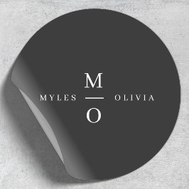 Pegatina Redonda Boda Monograma Elegante Minimal Elegante Negro