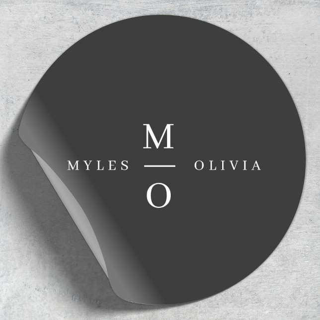 Pegatina Redonda Boda Monograma Elegante Minimal Elegante Negro (Subido por el creador)