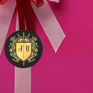 Pegatina Redonda Boda Monograma Escudo Oro