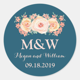 Pegatina Redonda Boda Monograma Floral de la Navy Blue Peach
