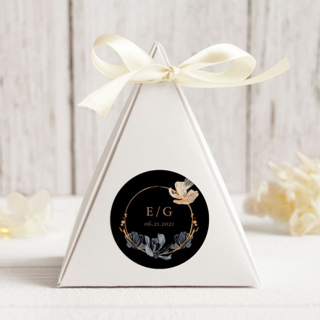 Pegatina Redonda Boda monograma floral de oro negro exclusivo (Subido por el creador)