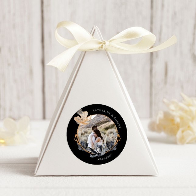 Pegatina Redonda Boda monograma floral de oro negro exclusivo (Subido por el creador)