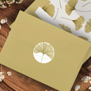 Pegatina Redonda Boda Monograma Ginkgo de Oro Falso Simple