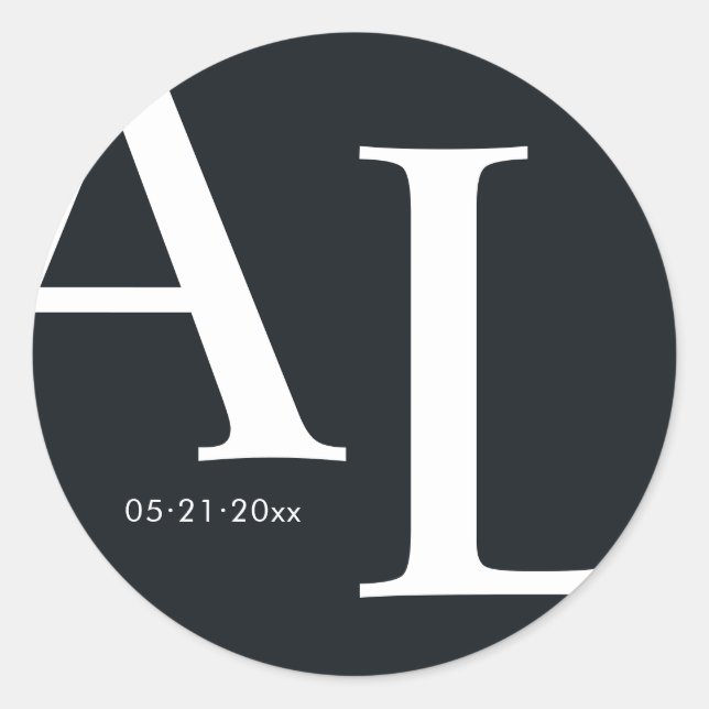 Pegatina Redonda boda monograma grande ultramoderno (Anverso)