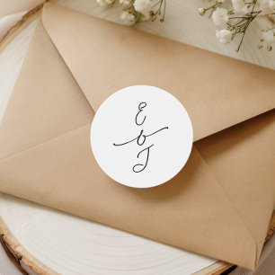 Pegatina Redonda Boda Monograma Manuscrito Caprichoso Simple