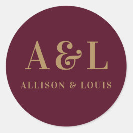 Pegatina Redonda Boda Monograma Minimalista Burgundy Gold
