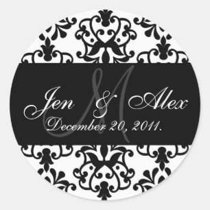Pegatina Redonda Boda Monograma Novia Groom Fecha Paisley Seque