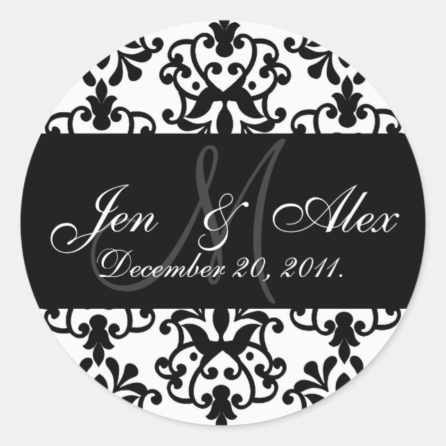 Pegatina Redonda Boda Monograma Novia Groom Fecha Paisley Seque (Anverso)
