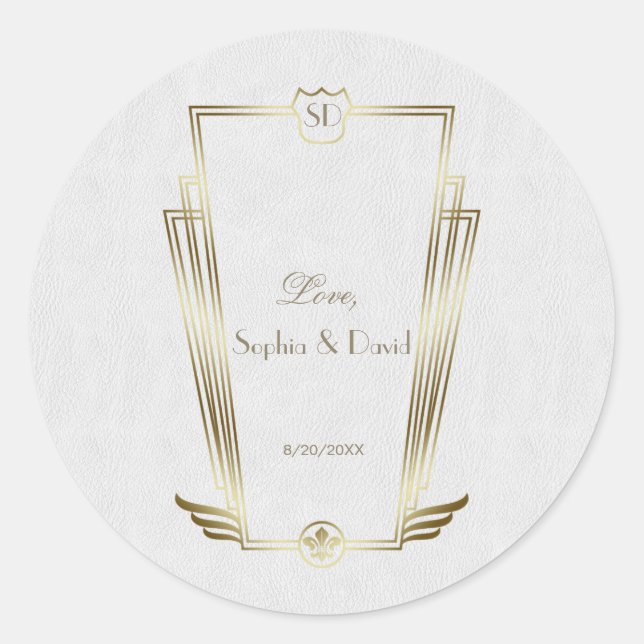 Pegatina Redonda Boda Monograma Real de Oro Blanco Art Deco (Anverso)