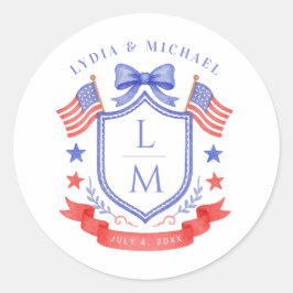 Pegatina Redonda Boda Monograma Rojo Blanco y Me Casó Patriótica