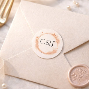 Pegatina Redonda Boda Monograma Script Peach Gold Sparkle
