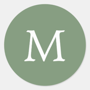 Pegatina Redonda Boda Monograma Verde Jardín Color Sólido Simple