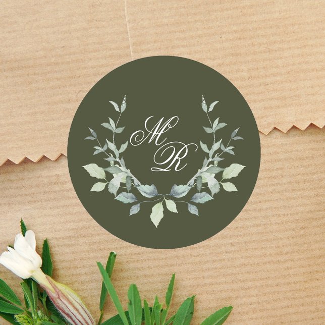 Pegatina Redonda Boda Monograma Verde Personalizado Clásico (Elegant wedding green sticker template.)