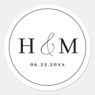 Pegatina Redonda Boda Monogramada con Tipografía Simple y Elegante