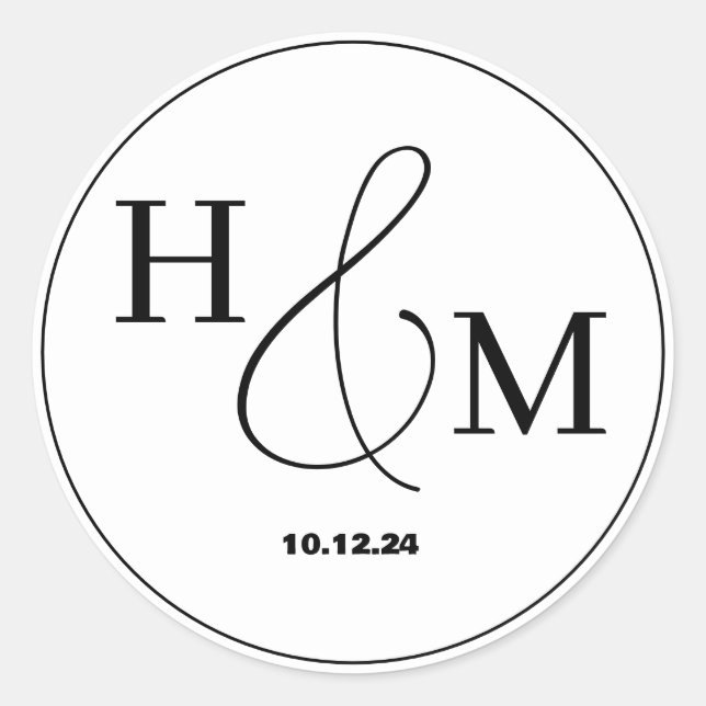 Pegatina Redonda Boda Monogramada Moderna Elegante Simple (Anverso)