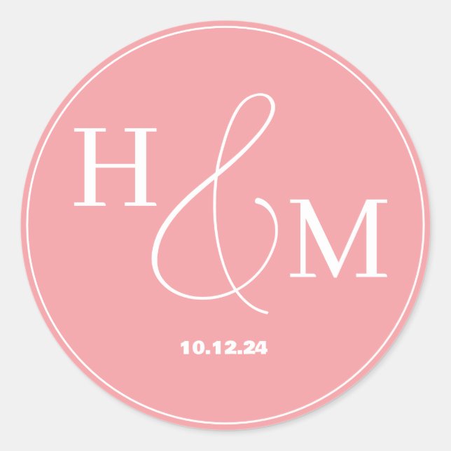 Pegatina Redonda Boda Monogramada Simple Elegante Moderna (Anverso)