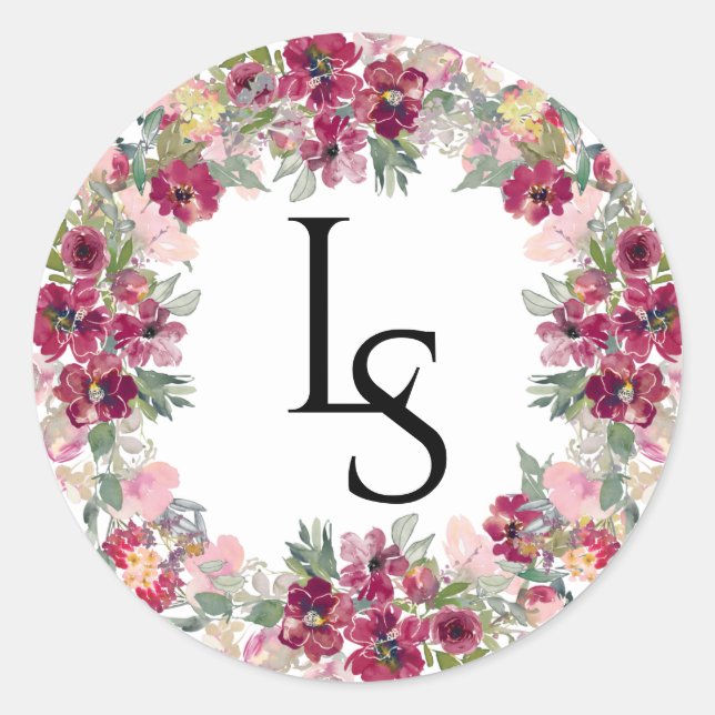 Pegatina Redonda Boda Monogramado de Borgoña y Luminoso (Anverso)