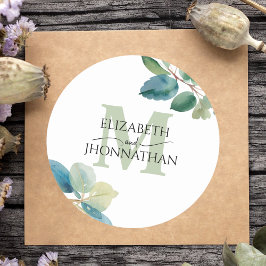 Pegatina Redonda Boda monogramado de eucalipto de verde