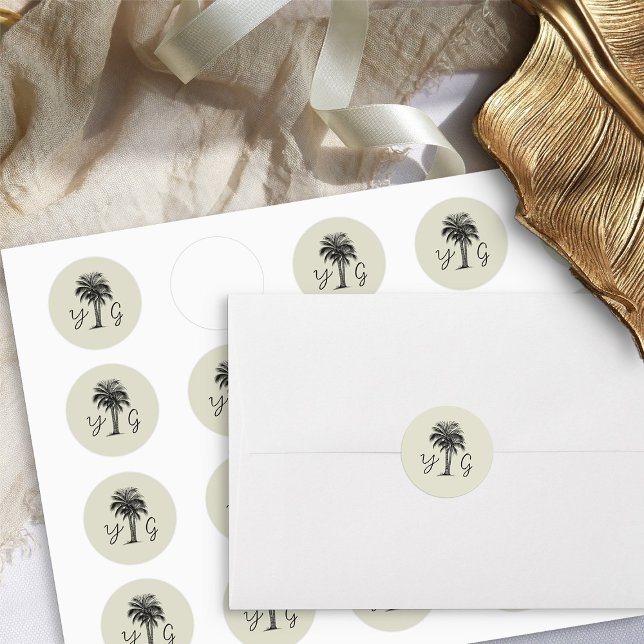Pegatina Redonda Boda Monogramado de Palm Vintage (Monogrammed wedding sticker - from my Vintage Palm Wedding Collection)