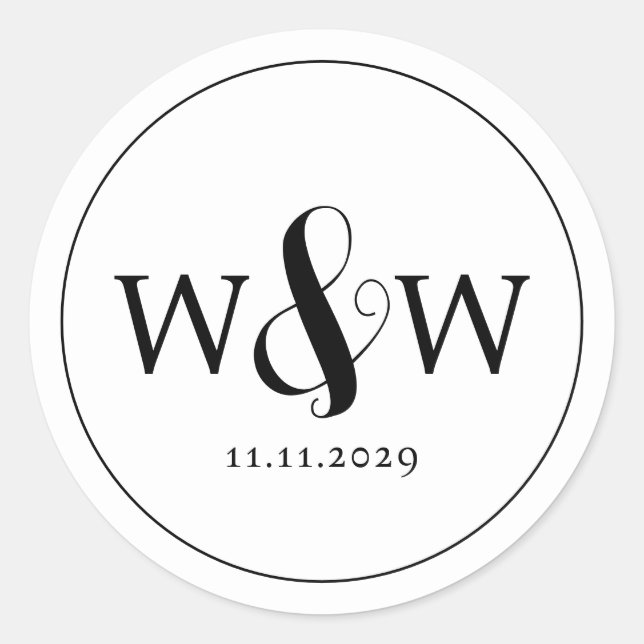 Pegatina Redonda Boda monogramado moderno y elegante (Anverso)