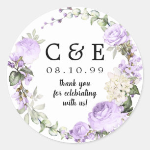 Pegatina Redonda Boda Monogramado Purple Floral Gracias