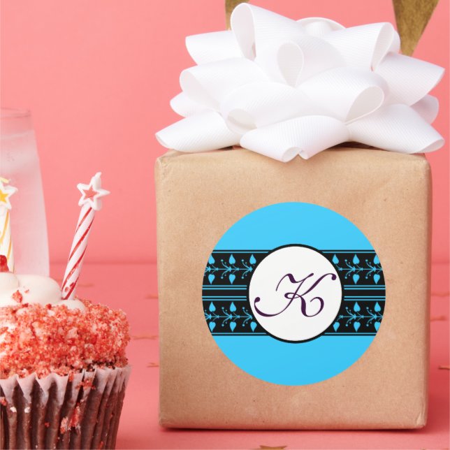 Pegatina Redonda Boda monogramo Bordes azules brillantes (Fiesta)