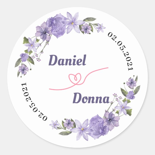 Pegatina Redonda Boda morado floral (Anverso)