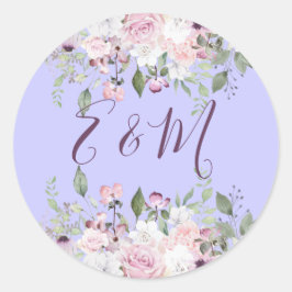 Pegatina Redonda Boda Morado Floral Monograma verano
