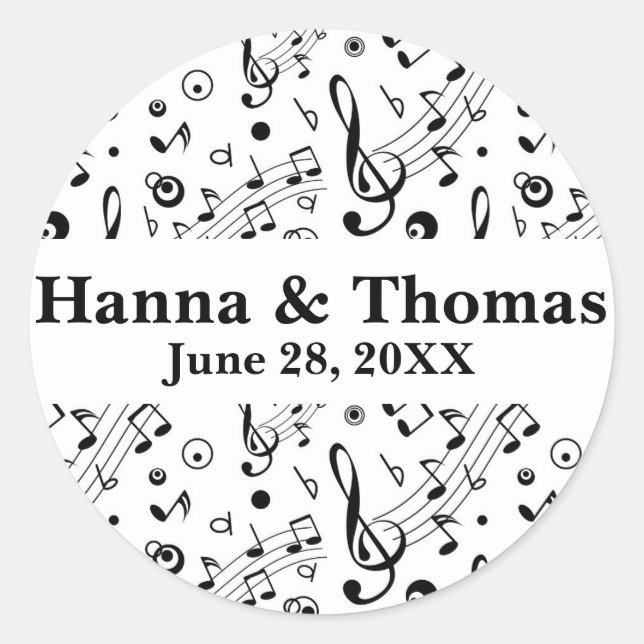 Pegatina Redonda Boda musical de Music Notes (Anverso)