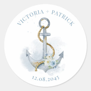 Pegatina Redonda Boda Náutica con Ancla Floral Acuarela Azul