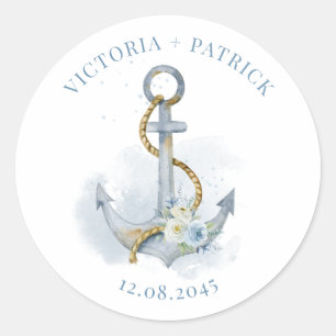 Pegatina Redonda Boda Náutica con Ancla Floral Acuarela Azul