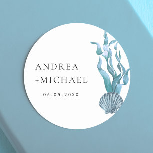 Pegatina Redonda Boda Nautical Blue Seashell Coastal Custom