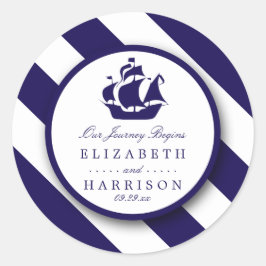 Pegatina Redonda Boda Nautical Stripes & Navy Blue Ship